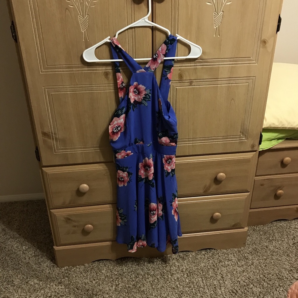 blue dress with pink flower pattern